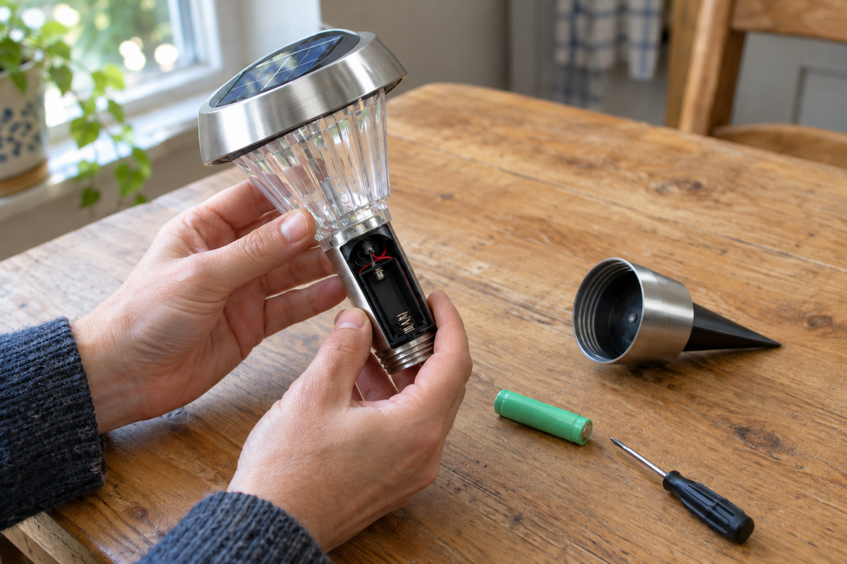 Solcellslampa med botten avskruvad och batteriet synligt på ett bord